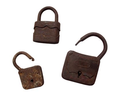 Old wooden padlocks on white background