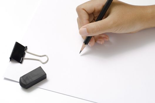 asia woman right hand writing with black pencil on paper over white background