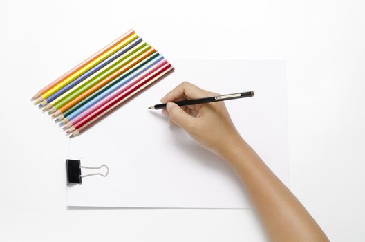asia woman right hand with black pencil and left hand with colorful pencil on blank white paper over white background