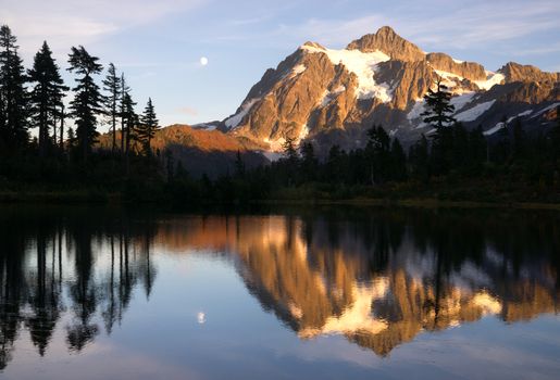 Mt. Shuksan refelcted in Picture Lake at sunset.