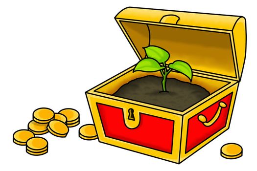An illustration of a plant inside a treasure chest. A conceptual illustration about nature is the true treasure of the world and we must take care of it. An anti illegal mining concept.
