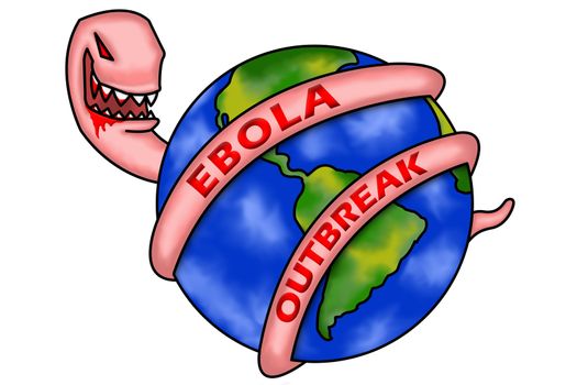 An illustration of a monster wrapping its body around the earth. A conceptual illustration of the ebola virus infecting many people around the world.
