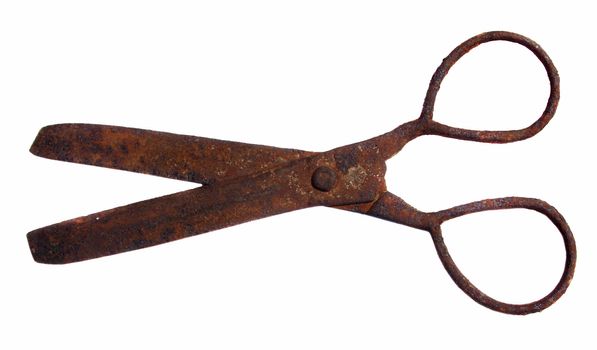 Old rusty scissors on white background