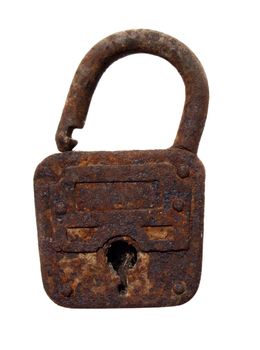 Old rusty padlock on white background