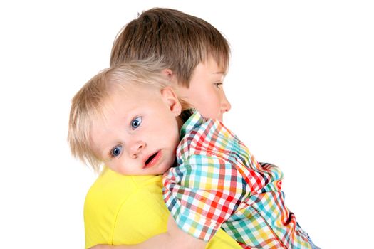 Kid and Tired Baby Boy Isolated on the White Background