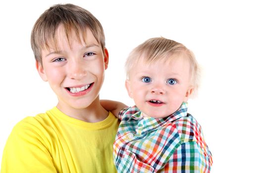 Happy Little Brothers Portrait Isolated on the White Background