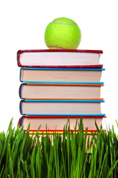 Pile of the Books on the Fresh Grass on the White Background Closeup