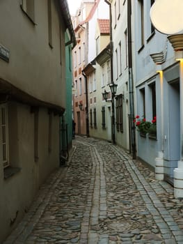 Narrow street in the old Riga city, Latvia. In 2014, Riga is the European capital of culture