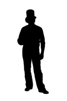 Silhouette of a man with hat, isolated on white background.