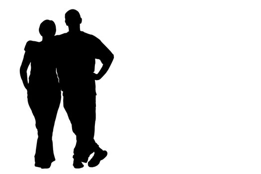 Silhouettes of men and women standing together, isolated on white background.