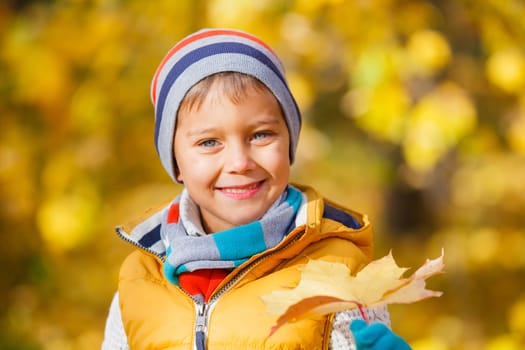 Closeup portrait of Adorable cute boy with autumn leaves in the beautiful park
