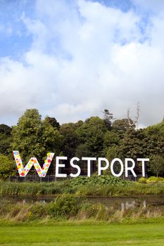 giant sign naming the town Westport in county Mayo Ireland