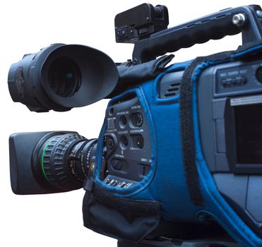 Close up of video camera in action isolated on white background