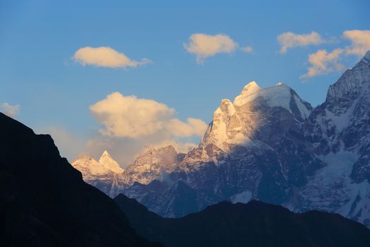 sunset in the mountains Himalayas, Thamserku, Kantaiga, Nepal.