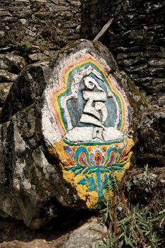 Carved stone tablets. Everest region, Nepal, Himalayas.