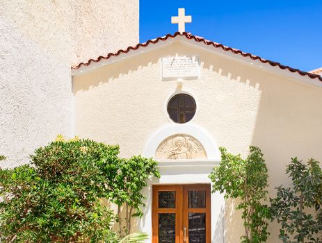 Detail of the facade of the ancient chapel of the trees at the entrance to the town of Rethymno on the island of Crete, Greece