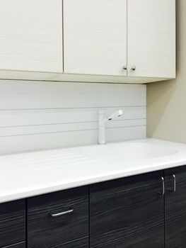 Contemporary kitchen with black and white cabinets.