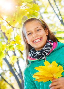 Portrait of Adorable cute girl with autumn leaves in the beauty park