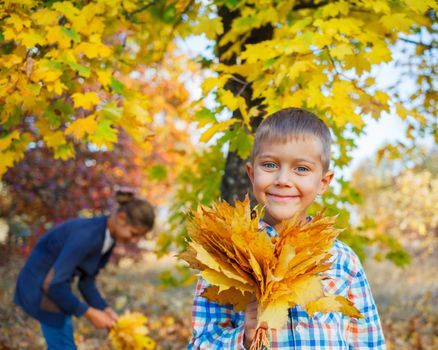 Portrait of Adorable cute boy with autumn leaves in the beauty park