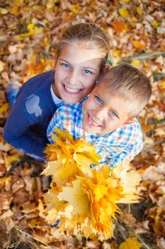 Portrait of Adorable cute boy and girl with autumn leaves in the beautiful park