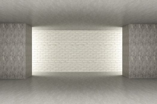 3D rendered Illustration. An empty room. Dark concrete style.