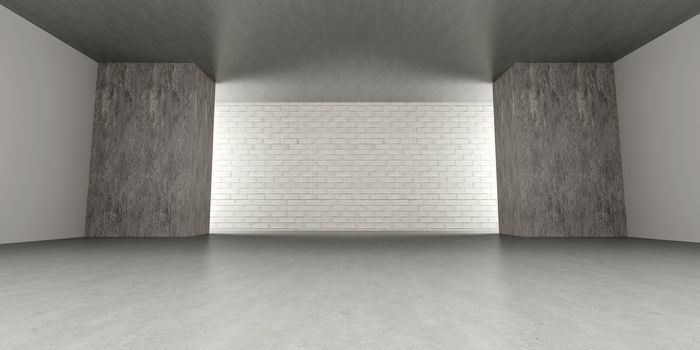 3D rendered Illustration. An empty room. Dark concrete style.