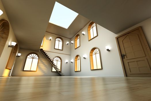 Architecture visualization of a Loft interior. 3D rendered Illustration.