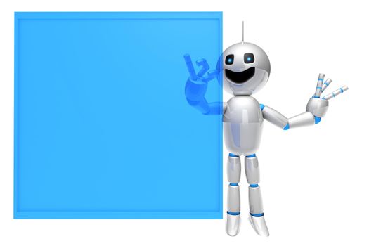 A cartoon Robot using a virtual touchscreen or Display.