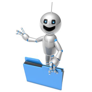 A cartoon robot holding a digital computer folder. 3D rendered Illustration isolated on white.