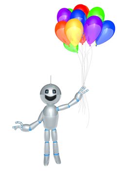 A happy cartoon Robot with a bunch of Balloons. 3D rendered Illustration.