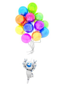 A happy cartoon Robot losing a bunch of Balloons. 3D rendered Illustration.