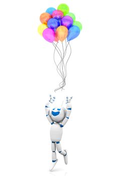 A happy cartoon Robot losing a bunch of Balloons. 3D rendered Illustration.