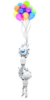 A cartoon Robot getting carried away by a bunch of Balloons. 3D rendered Illustration.