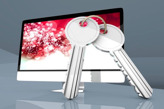 A modern All in one computer with a pair of Keys symbolizing security.