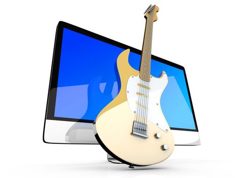 Digital guitar - A All in one computer with a Guitar. 3D illustration. Isolated on white.