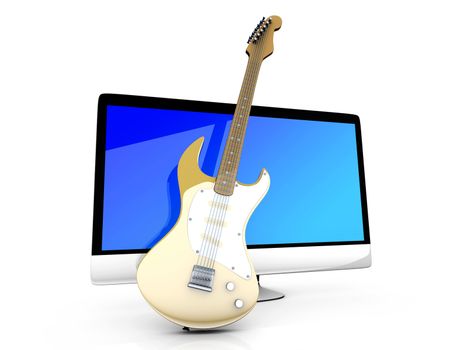 Digital guitar - A All in one computer with a Guitar. 3D illustration. Isolated on white.