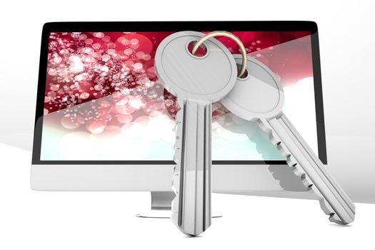 A modern All in one computer with a pair of Keys symbolizing security. Isolated on white.