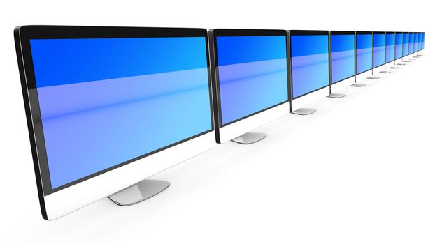 A line of All in one computers. 3d illustration.