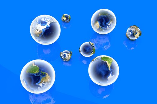 A bunch of globes of different sizes and angles. 3D illustration.