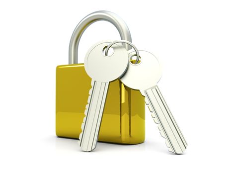 A padlock with keys. 3D rendered Illustration. Isolated on white.