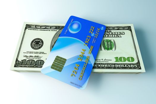 3D rendered Illustration. Credit card and cash.