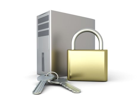 A secure Desktop PC. 3D rendered Illustration. Isolated on white.