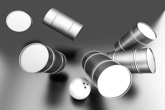 Bowling with oil Barrels. 3D rendered illustration. 