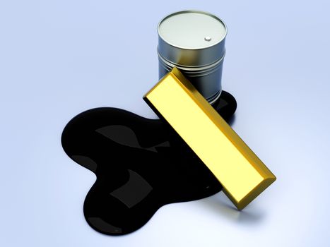 Gold and Oil, two commodities on the stock market. 3D rendered Illustration.