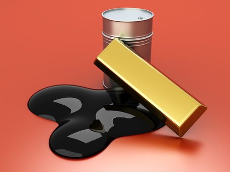 Gold and Oil, two commodities on the stock market. 3D rendered Illustration.