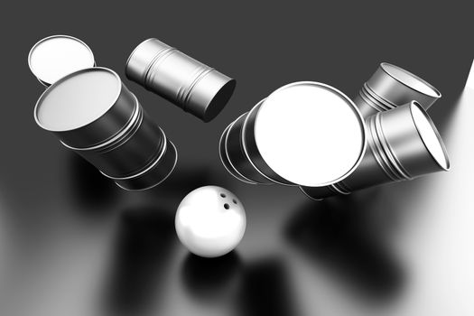 Bowling with oil Barrels. 3D rendered illustration. 