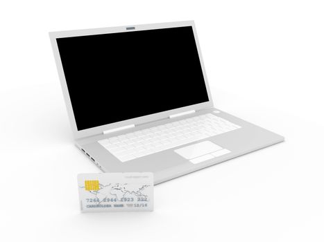 Credit card and Laptop. 3D rendered Illustration. Isolated on white.