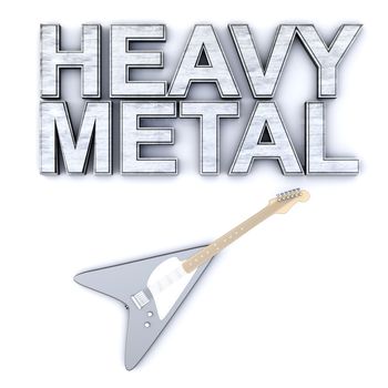 The word heavy metal with a generic guitar. 3D rendered Illustration.