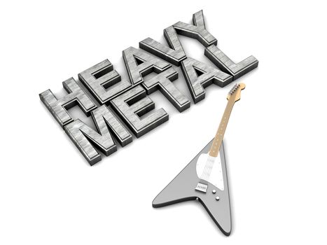 The word heavy metal with a generic guitar. 3D rendered Illustration.