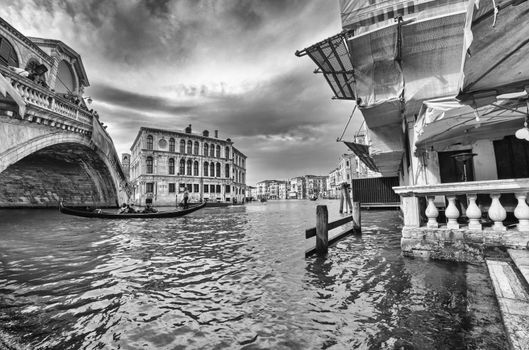 Venice, Italy. Fisheye view of Rialto Bridge on a cloudy day.